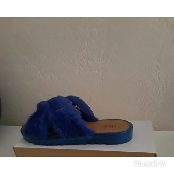 New Fur Slide Sandals Royal Blue Blush Low Wedge Size 7 and 8 - Picture 4 of 5